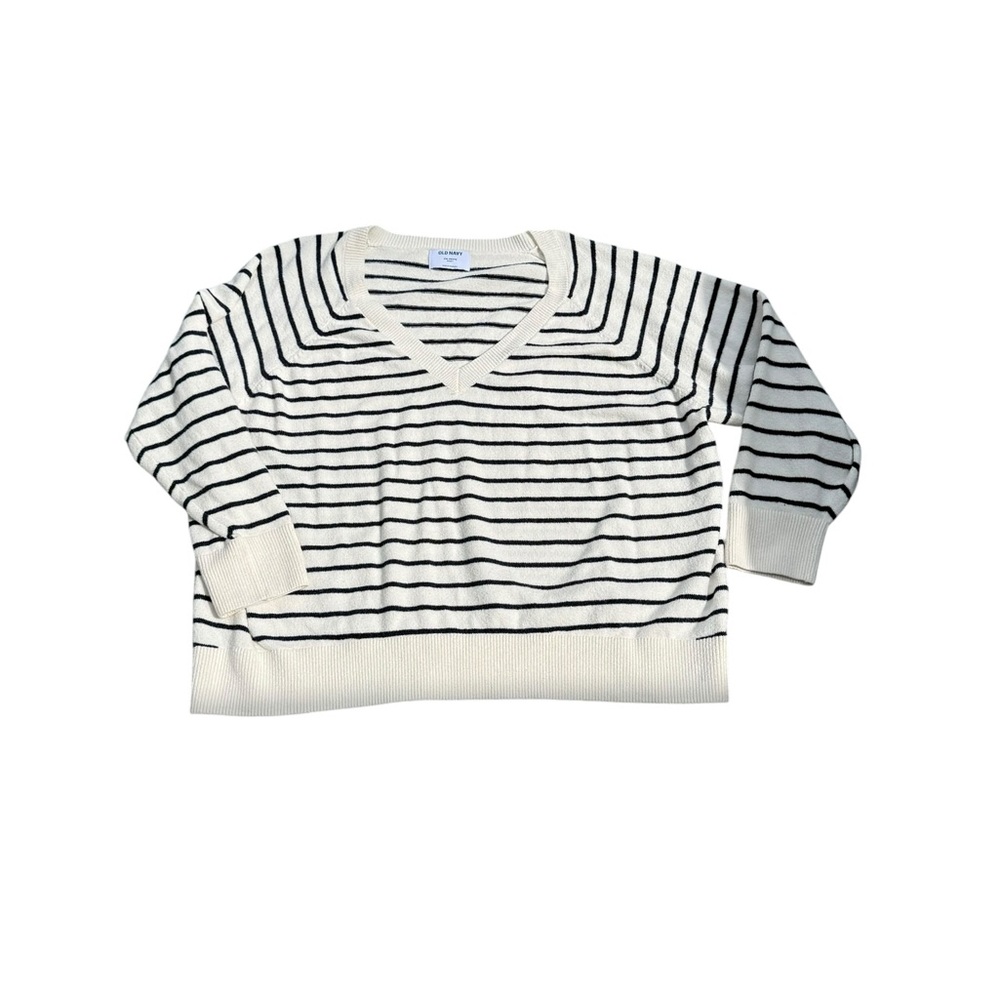 Old Navy Cream V-Neck Sweater with Blue Stripes